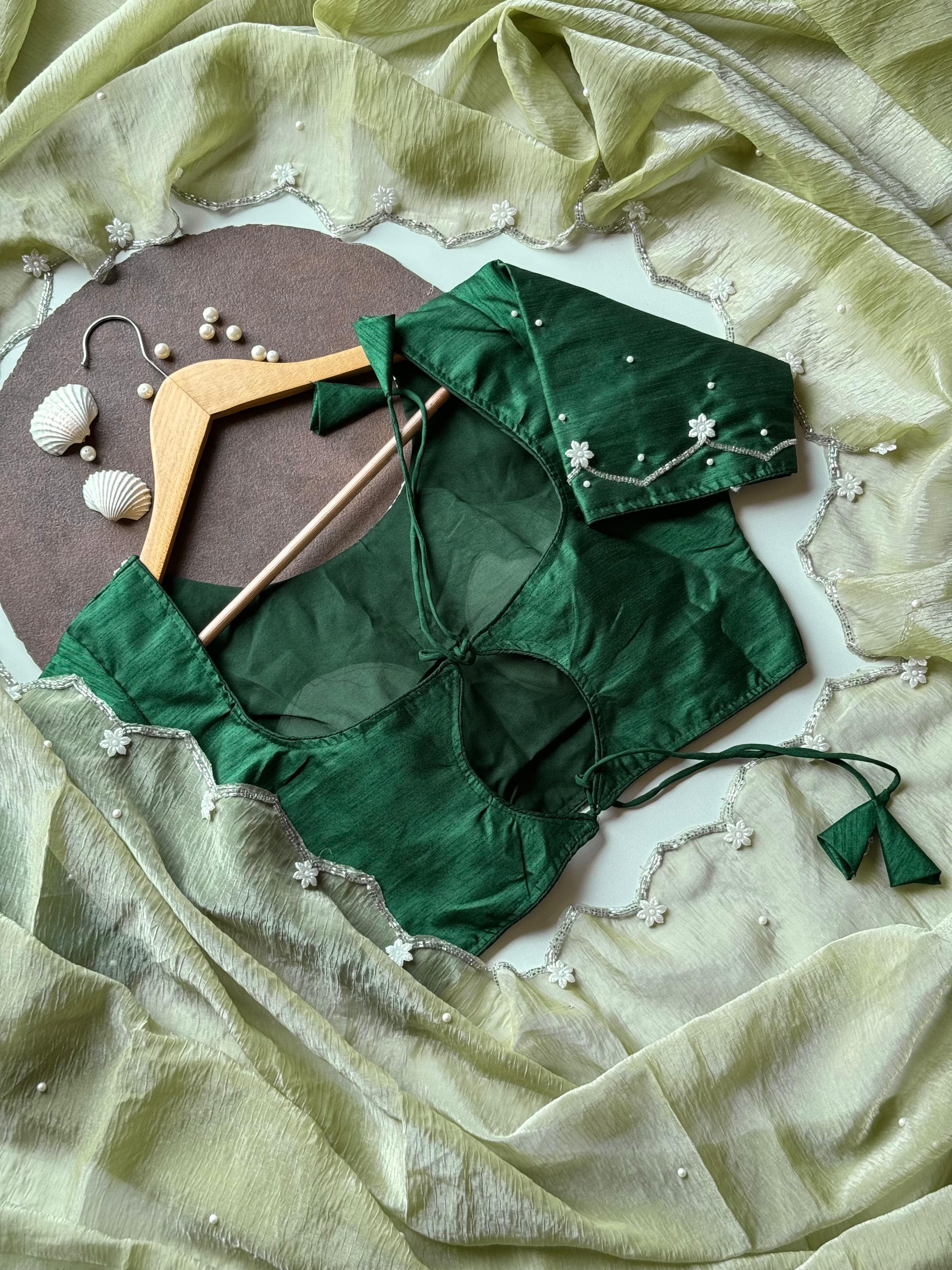 Pearls on Green Rose Saree