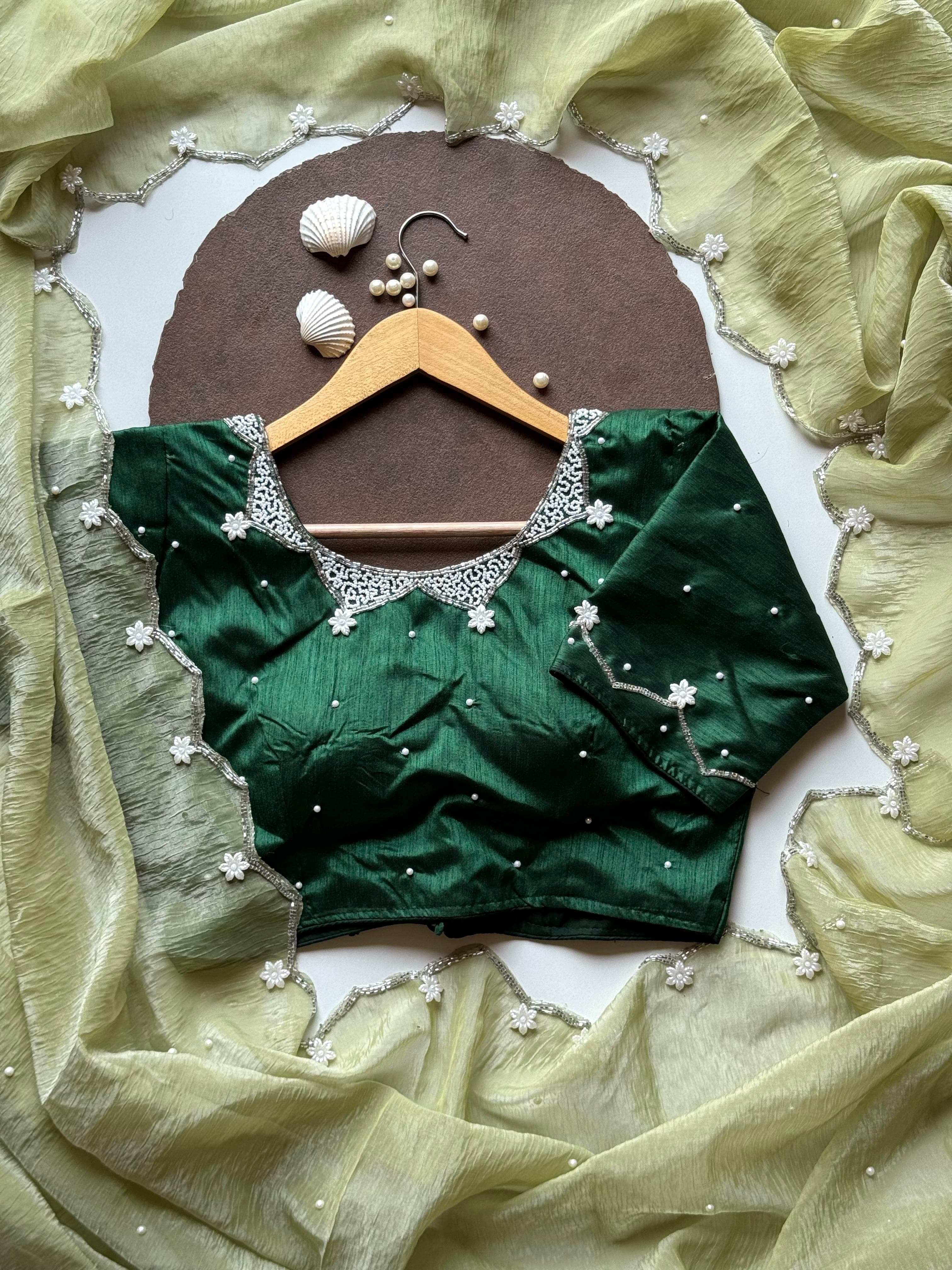 Pearls on Green Rose Saree